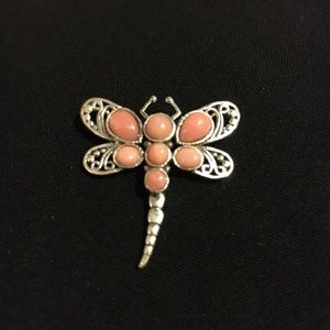 Pink peach opal sterling silver dragonfly pendant